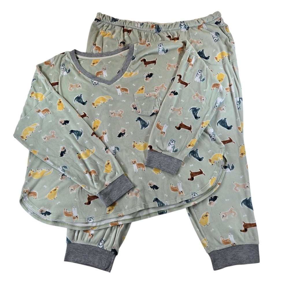 Cuddl Duds Pajama Set XXL Womens Green Dog Print Velour V-Neck Joggers 2pc Set